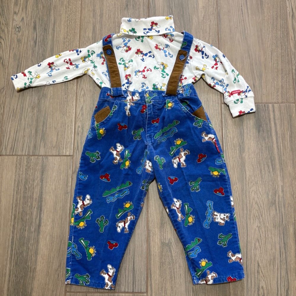 Oshkosh Vintage USA Horse Print Blue Corduroy Overall w/ Matching Shirt 3T